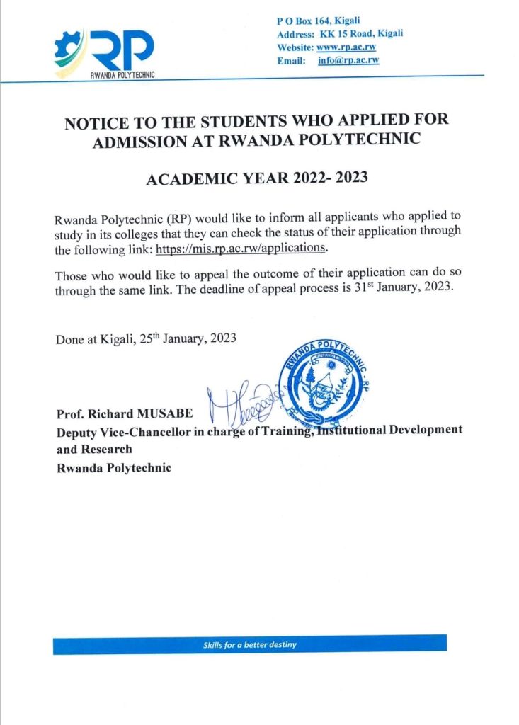 Rwanda Polytechnics announcement to the students who applied for admission.