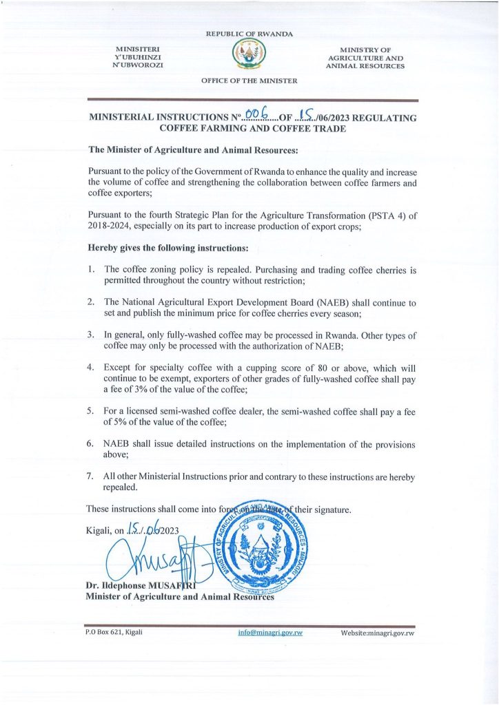 Ministerial Instructions regulating coffee farming and coffee trade in Rwanda